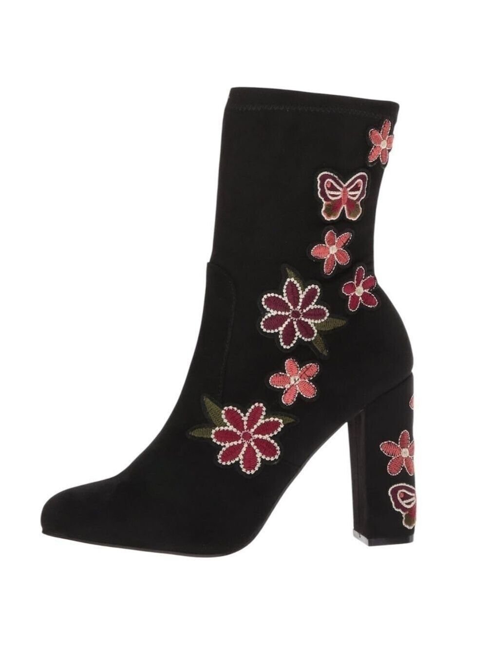Chinese Laundry Bombshell Embroidered Floral Faux Suede Block Heel Boots